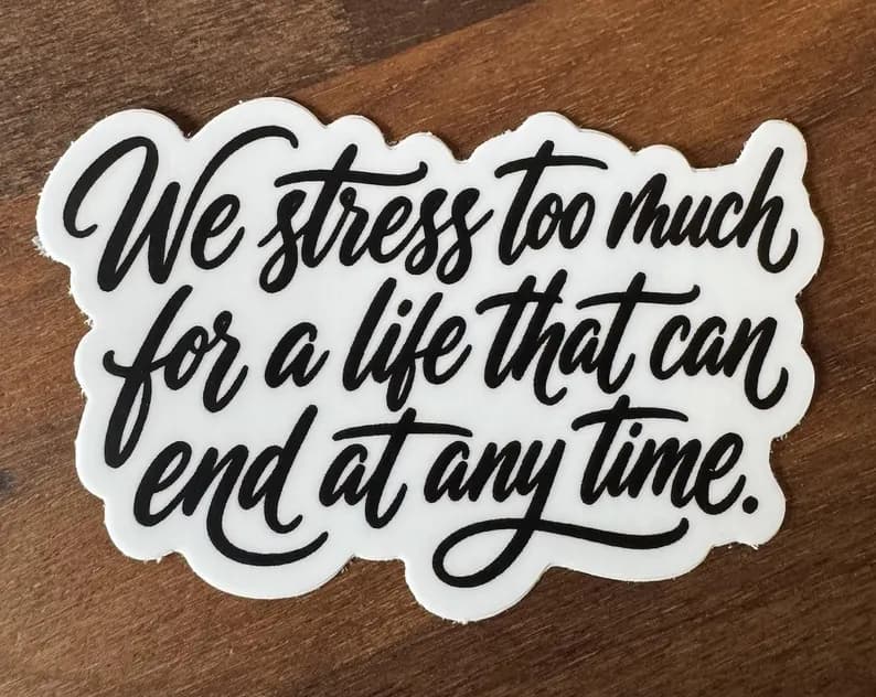 We stress too much for a life that can end at any time. Laptop sticker quote